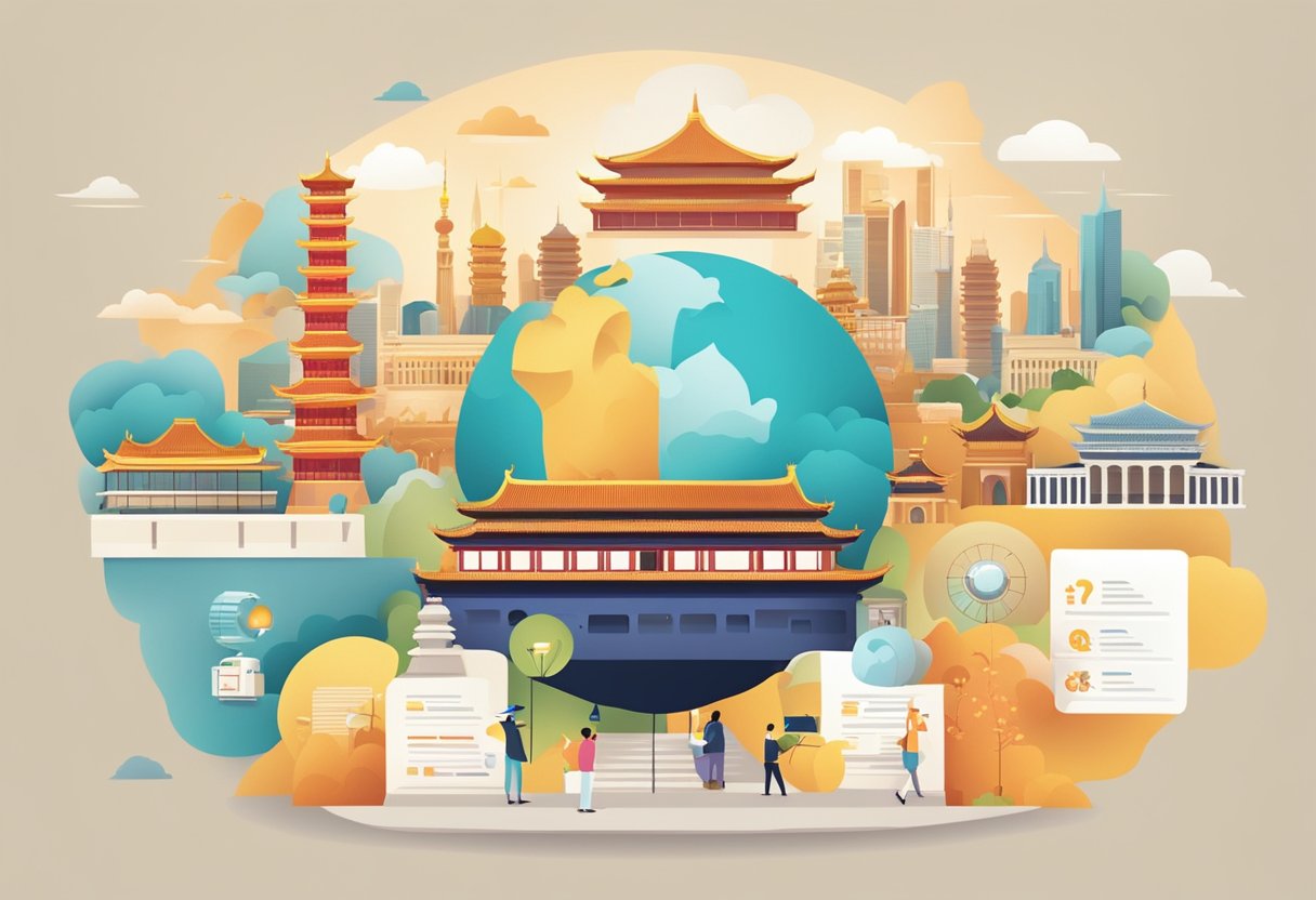 A colorful animated infographic featuring various educational topics with a focus on frequently asked questions, set against a backdrop of iconic Chinese landmarks