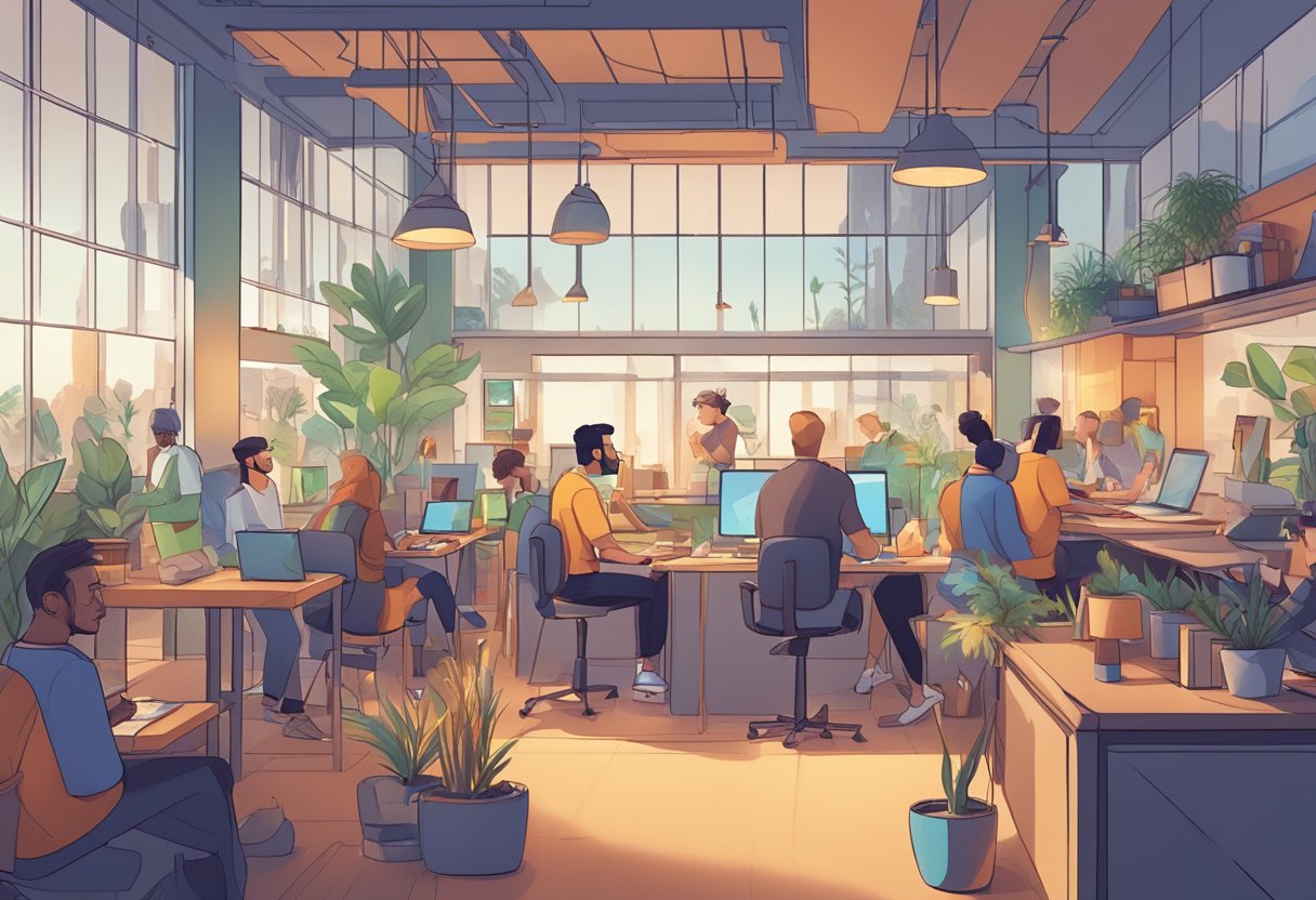 A bustling ecosystem of animation services, with studios, freelancers, and clients interacting in a dynamic marketplace