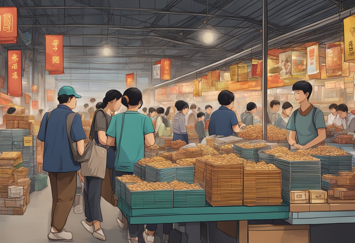 A bustling Chinese market stall with stacks of educational videos being produced and distributed