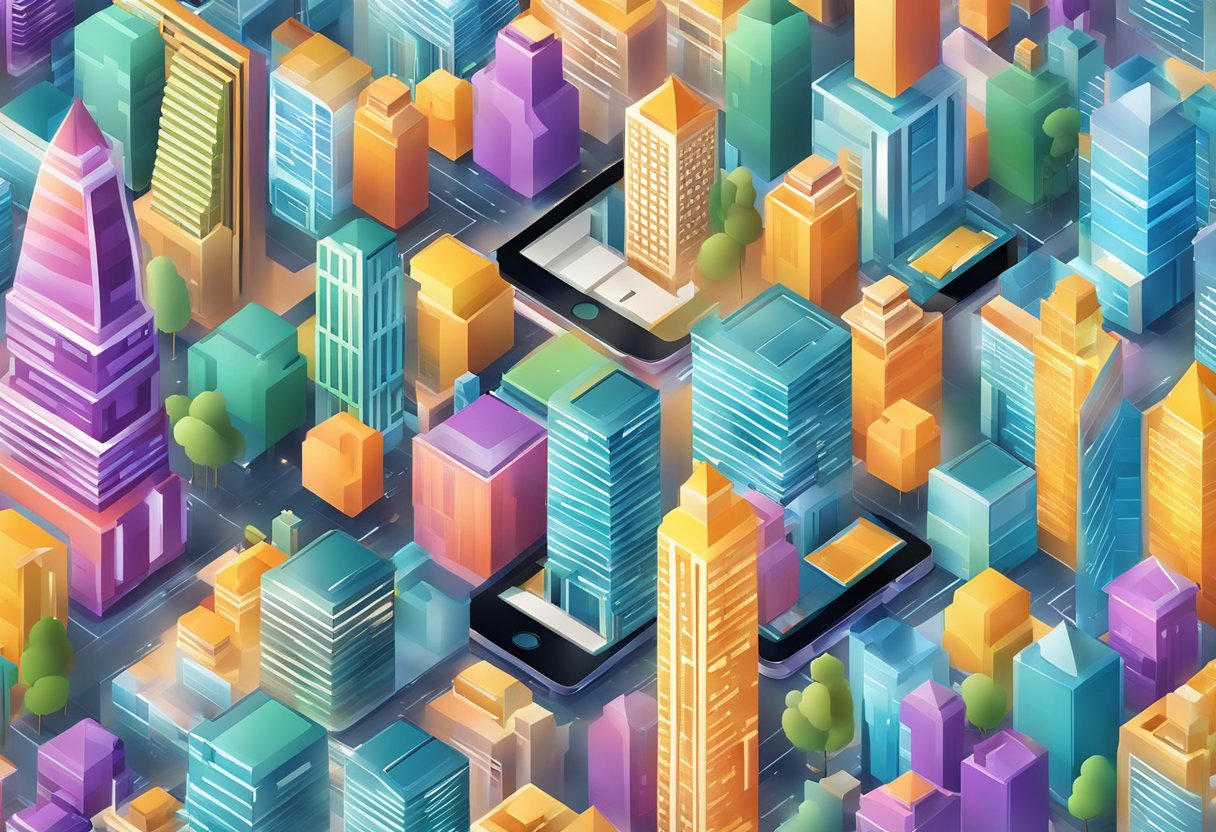 A bustling city skyline with digital devices and educational imagery floating in the air, surrounded by vibrant colors and modern architecture