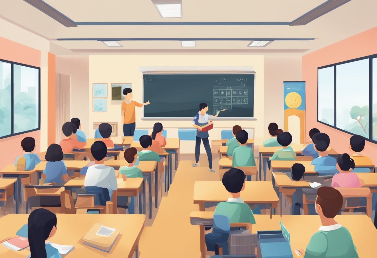 A classroom setting with students watching educational videos on Chinese culture and language