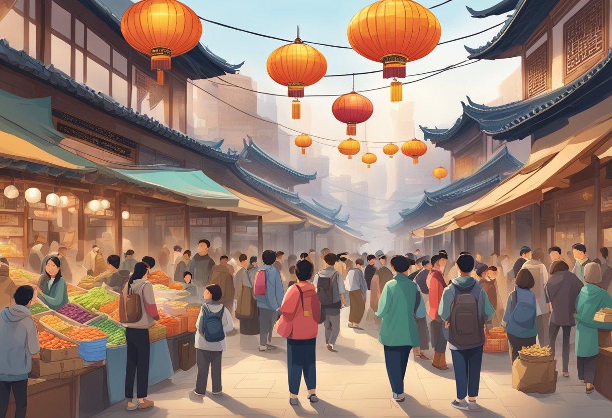 A bustling Chinese marketplace with vendors selling educational videos, surrounded by eager customers seeking learning opportunities