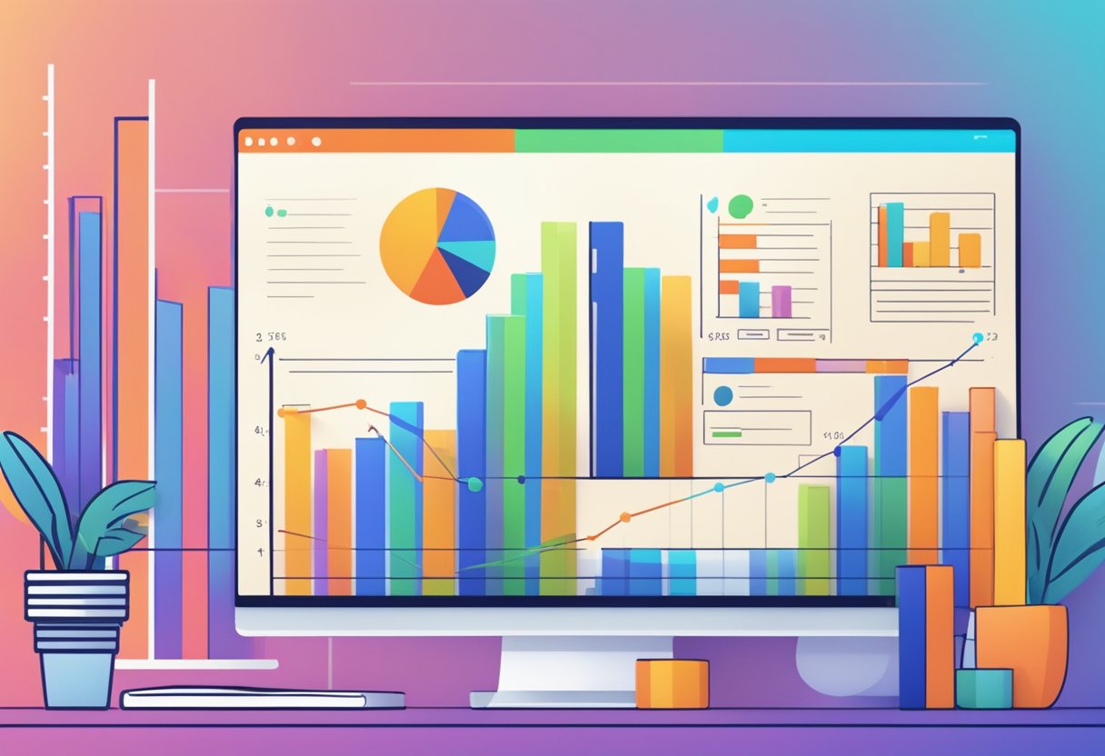 A bar graph showing a significant increase in ROI alongside a vibrant animated video playing on a computer screen