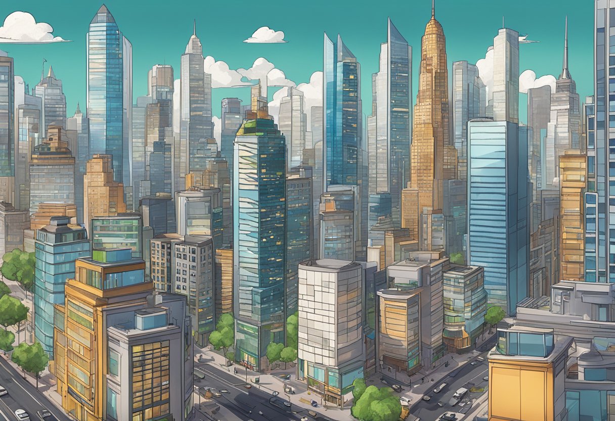A bustling cityscape with skyscrapers and digital screens, showcasing interactive storytelling and narrative techniques through animated visuals