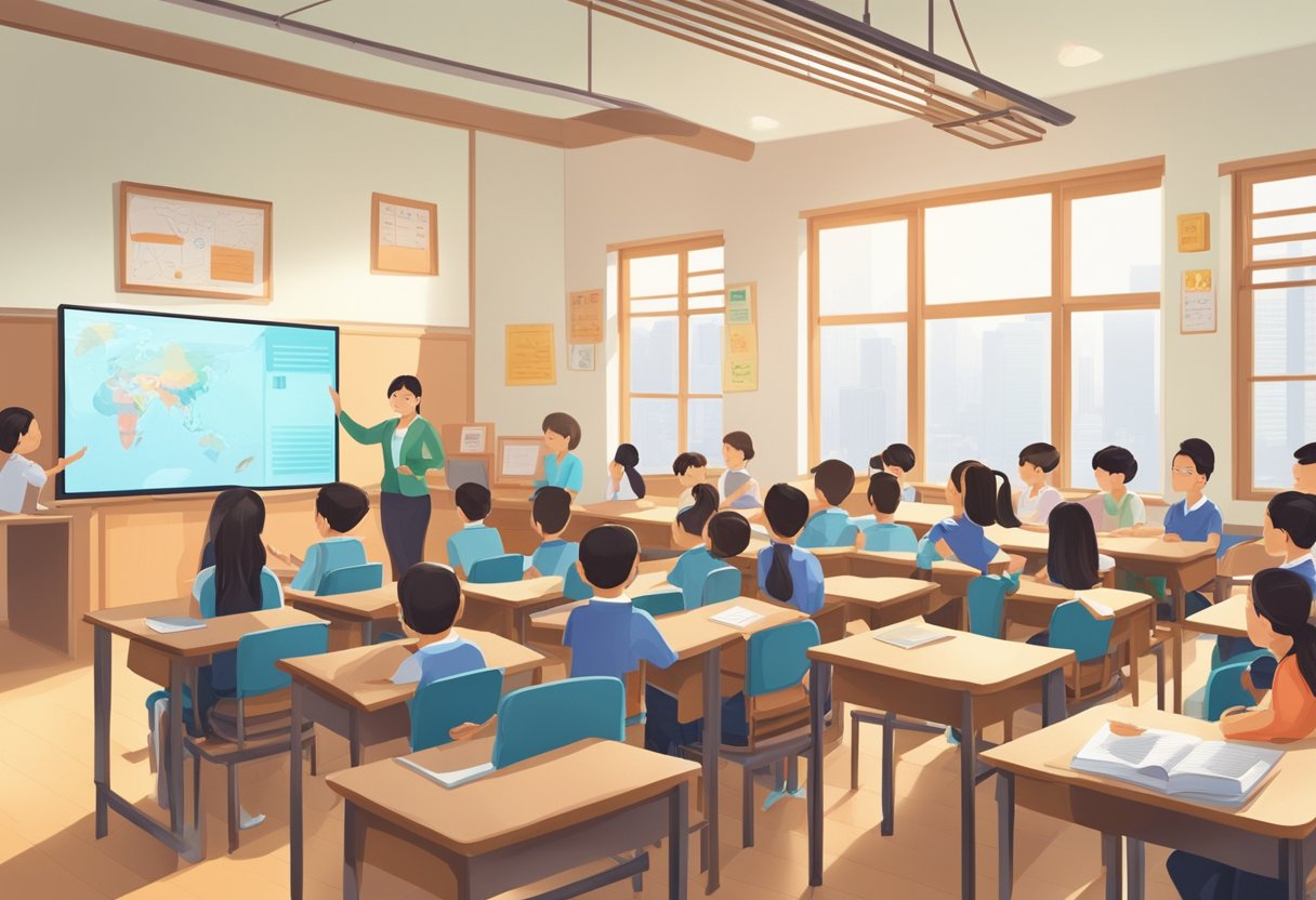 A classroom setting with students watching educational videos on a screen, while a teacher measures their success and impact in the Chinese market
