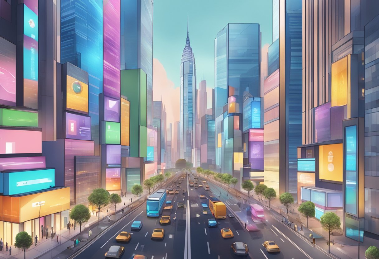 A bustling cityscape with skyscrapers and digital screens displaying educational animations