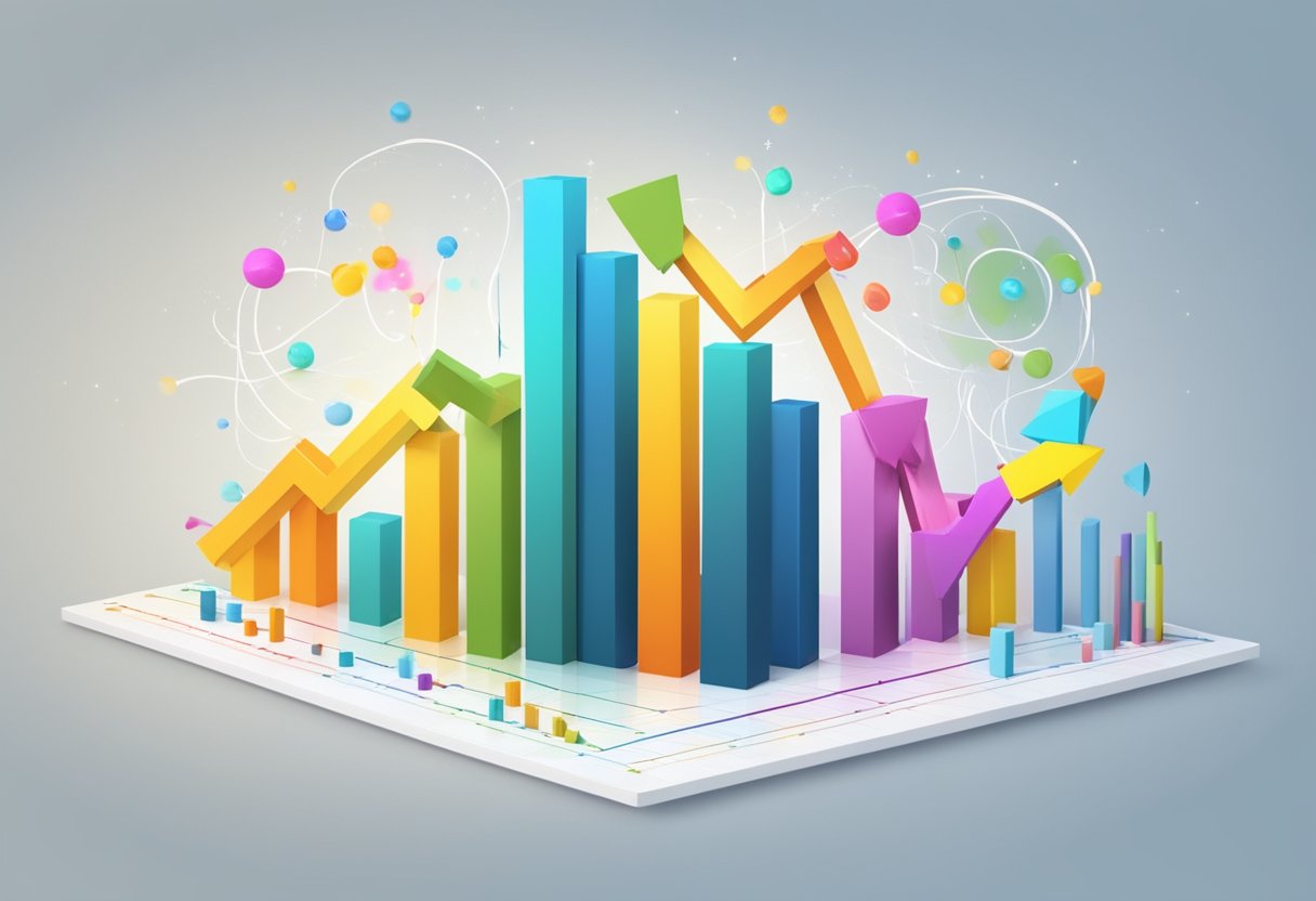 Colorful animated graphics swirling around a bar graph, with arrows and numbers indicating growth and engagement