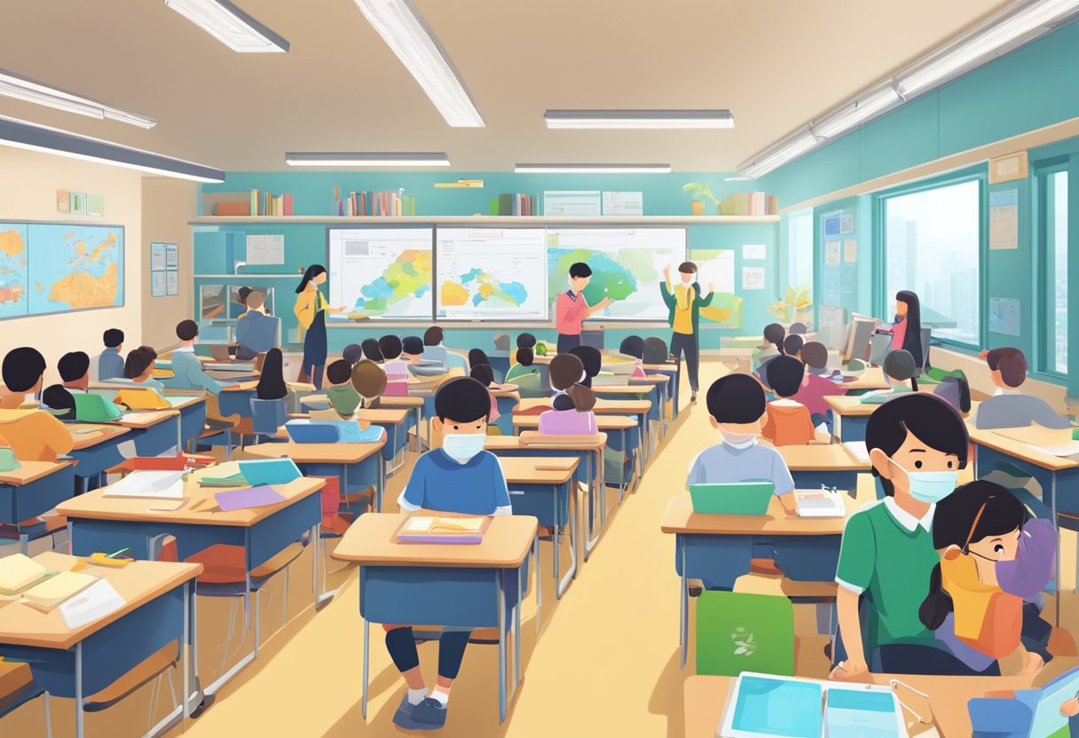 A classroom filled with diverse digital learning animations, representing the societal impact of digital education in Hong Kong