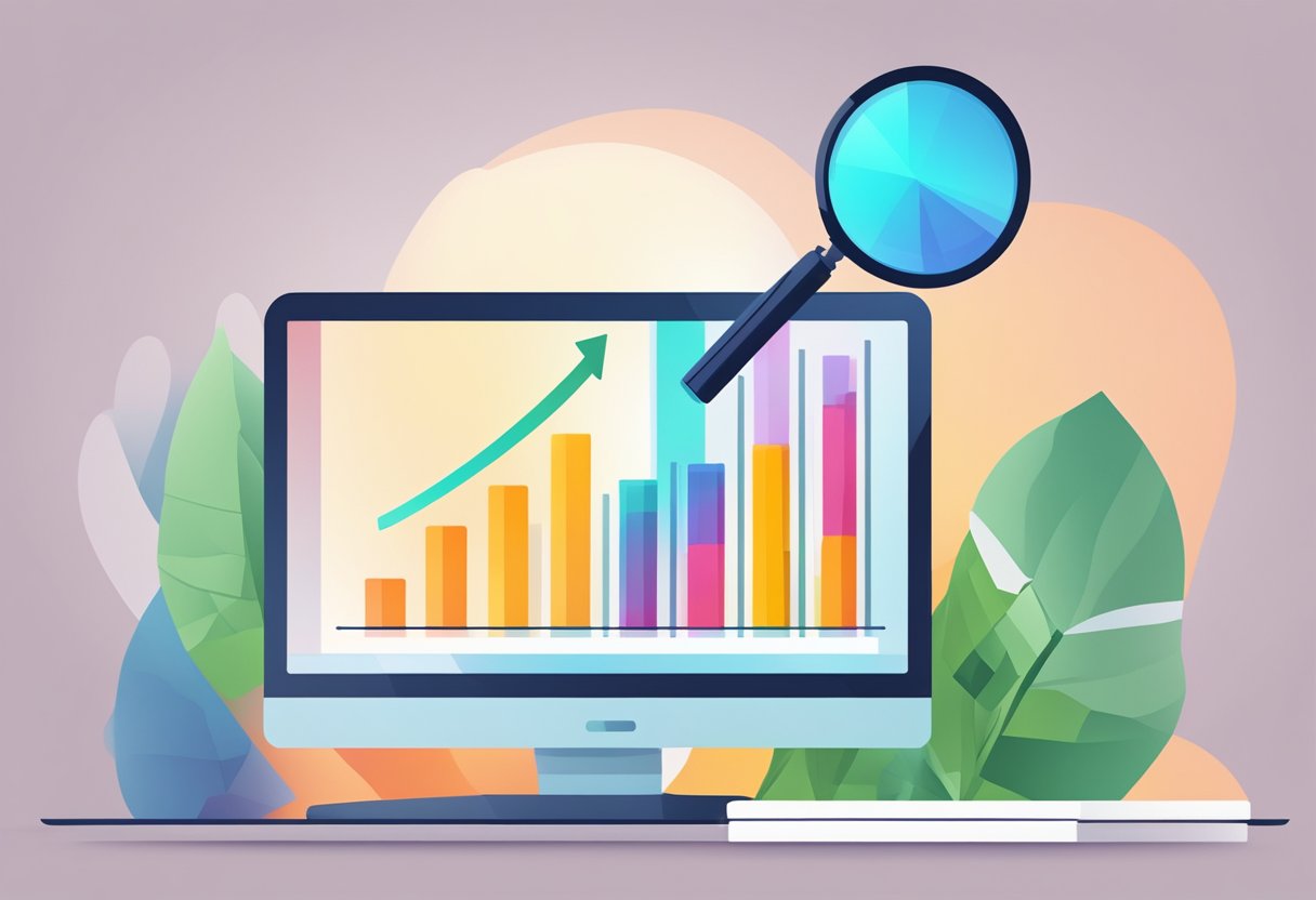 A computer screen displays a bar graph trending upwards, with a magnifying glass hovering over it
