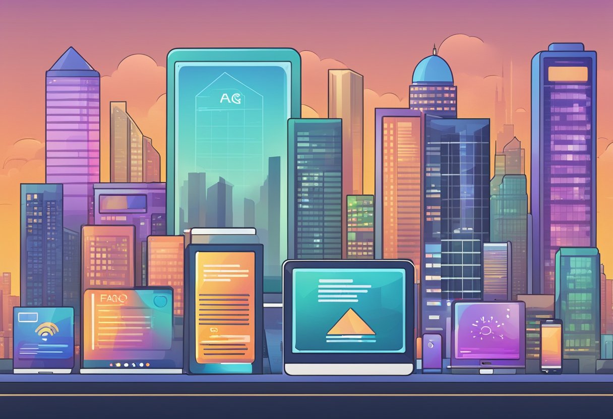 A computer screen displaying various FAQ icons with a city skyline in the background