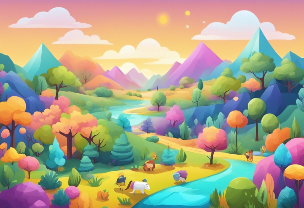 A colorful landscape with animated characters and symbols representing educational statistics