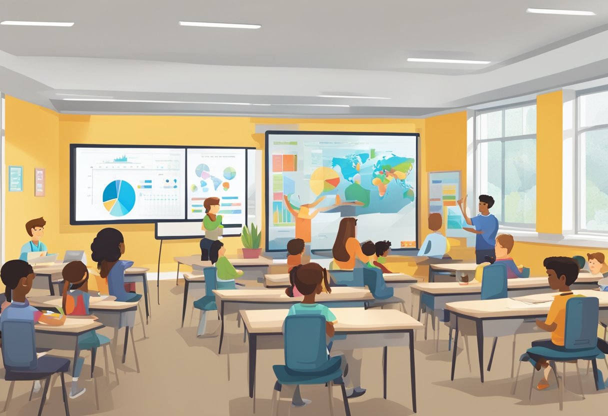 A classroom setting with animated charts and graphs displayed on a screen, while students engage in interactive learning activities