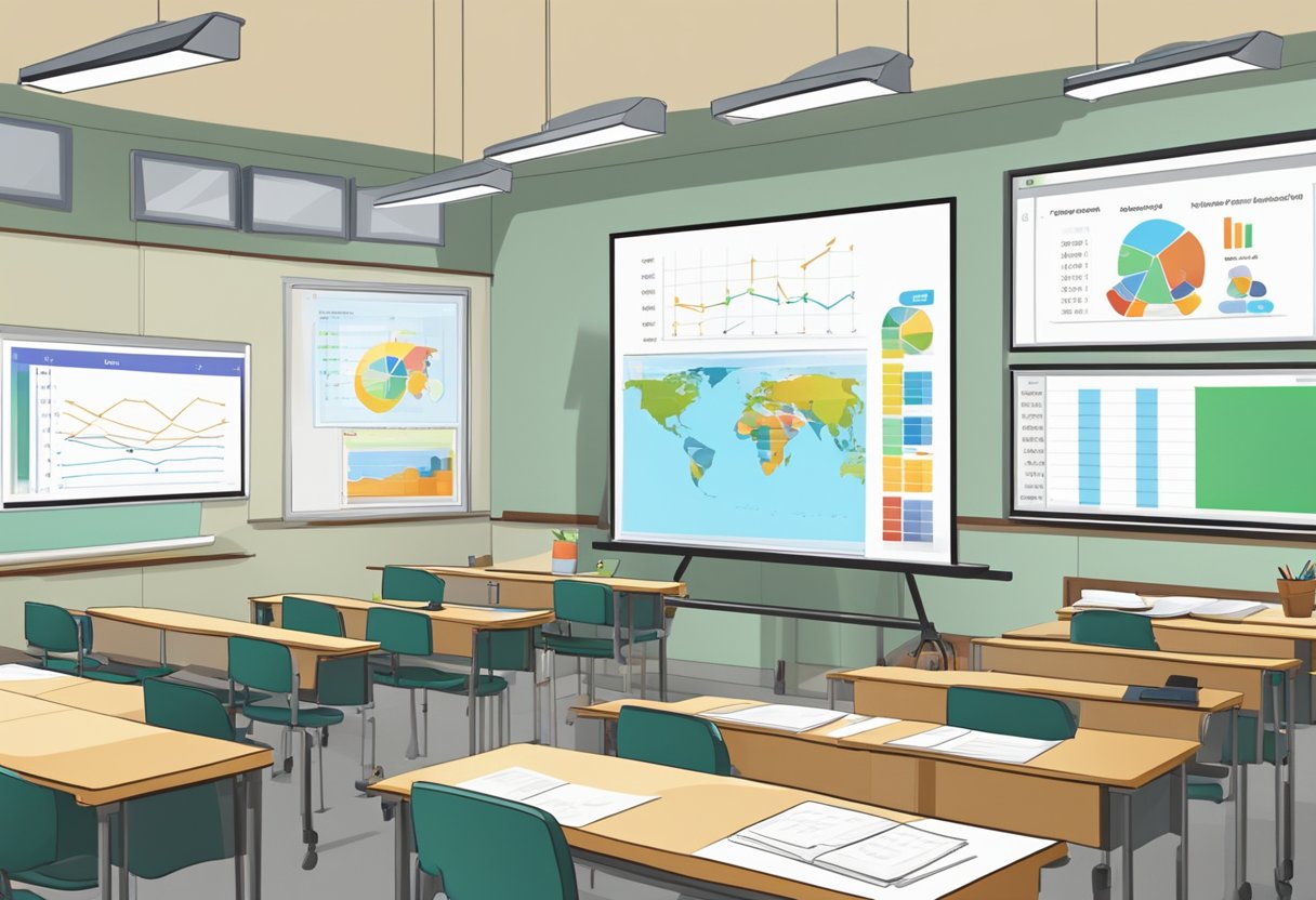 A classroom setting with animated visuals on a screen, surrounded by charts and graphs related to educational animation statistics