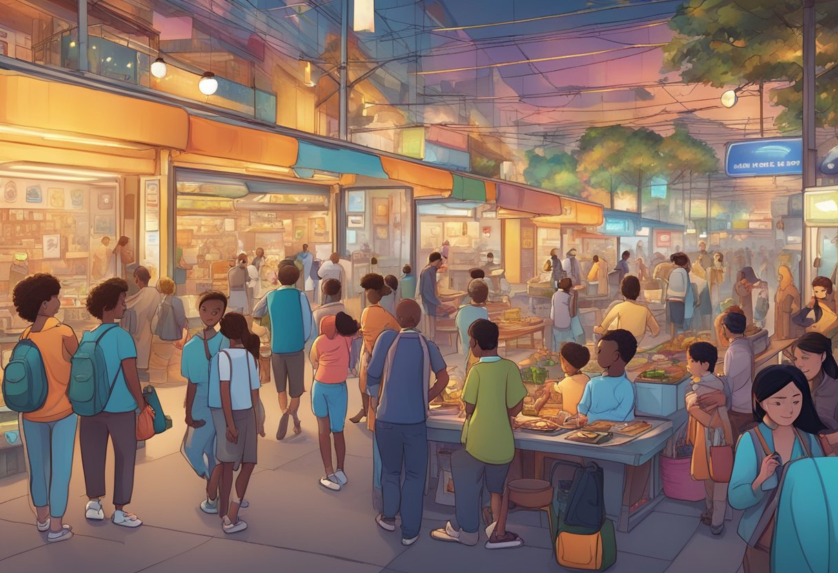 A bustling global animation market with diverse styles and cultures, featuring vibrant characters and dynamic storytelling