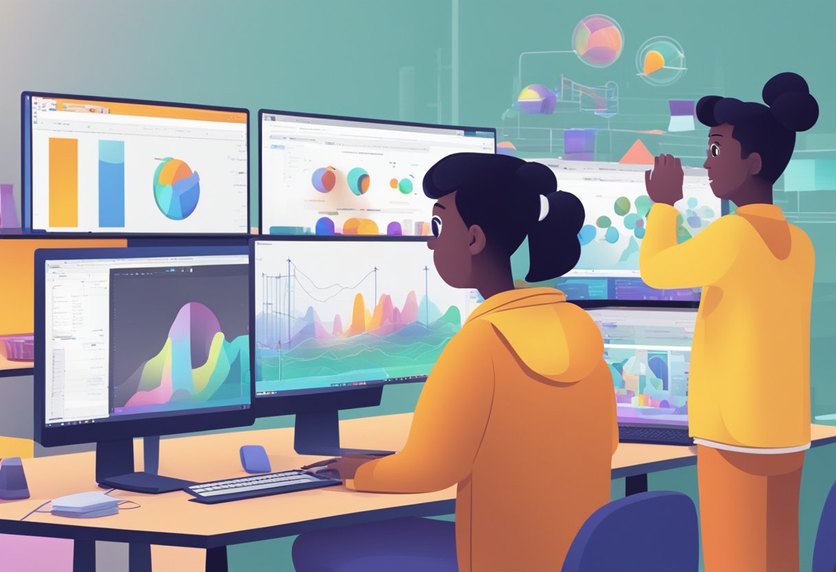 AI tools create animated characters, scenes, and effects on a computer screen. Students watch as the software brings their ideas to life, learning the role of AI in animation creation