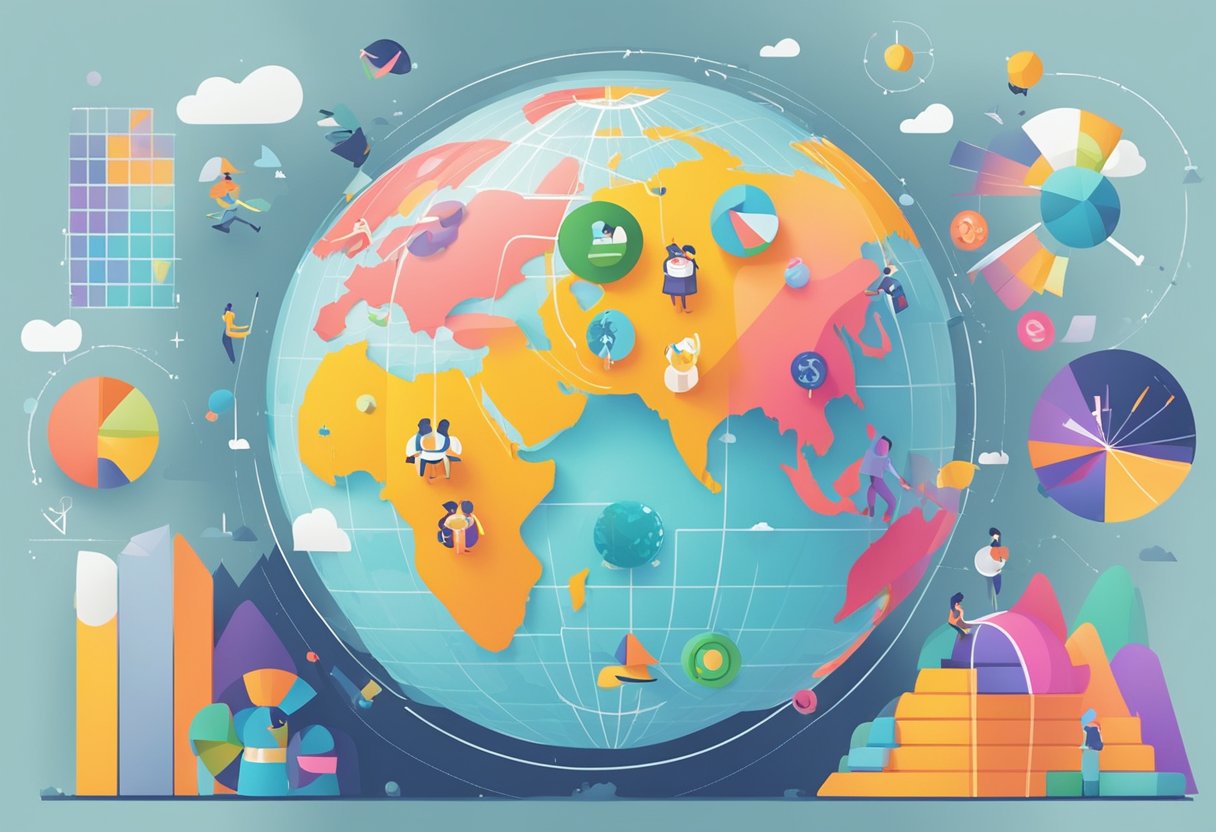 A colorful globe surrounded by animated characters and symbols, with data charts and graphs floating around it