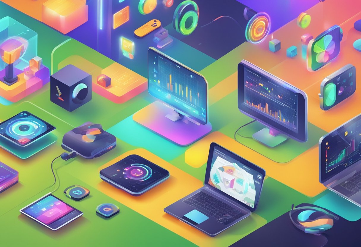 A colorful animation of various gaming and interactive media elements with statistical data floating around