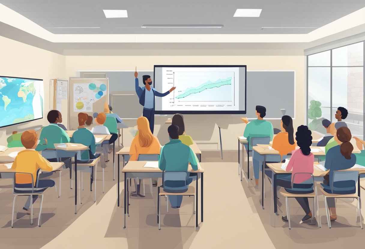 A classroom setting with students watching a biology and physics animation on a large screen, while the teacher points to diagrams on a whiteboard