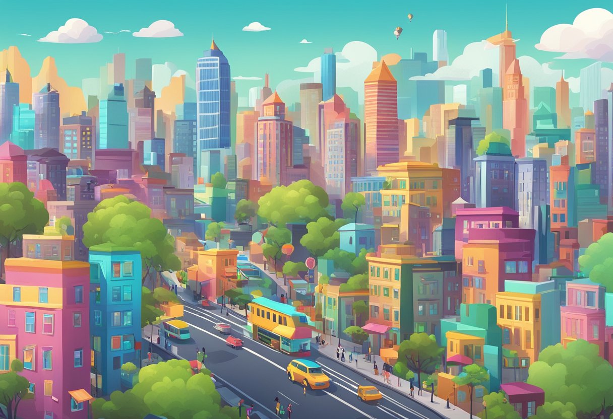 A bustling city skyline with animated characters and vibrant colors, showcasing the global animation market's growth and challenges