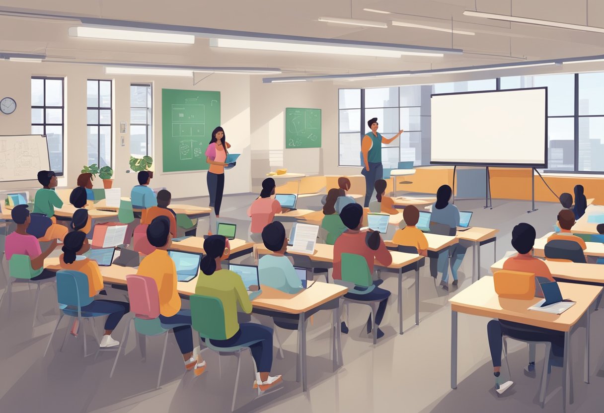 A classroom setting with students engaged in various forms of animation, from traditional drawing to digital design, with teachers guiding and instructing