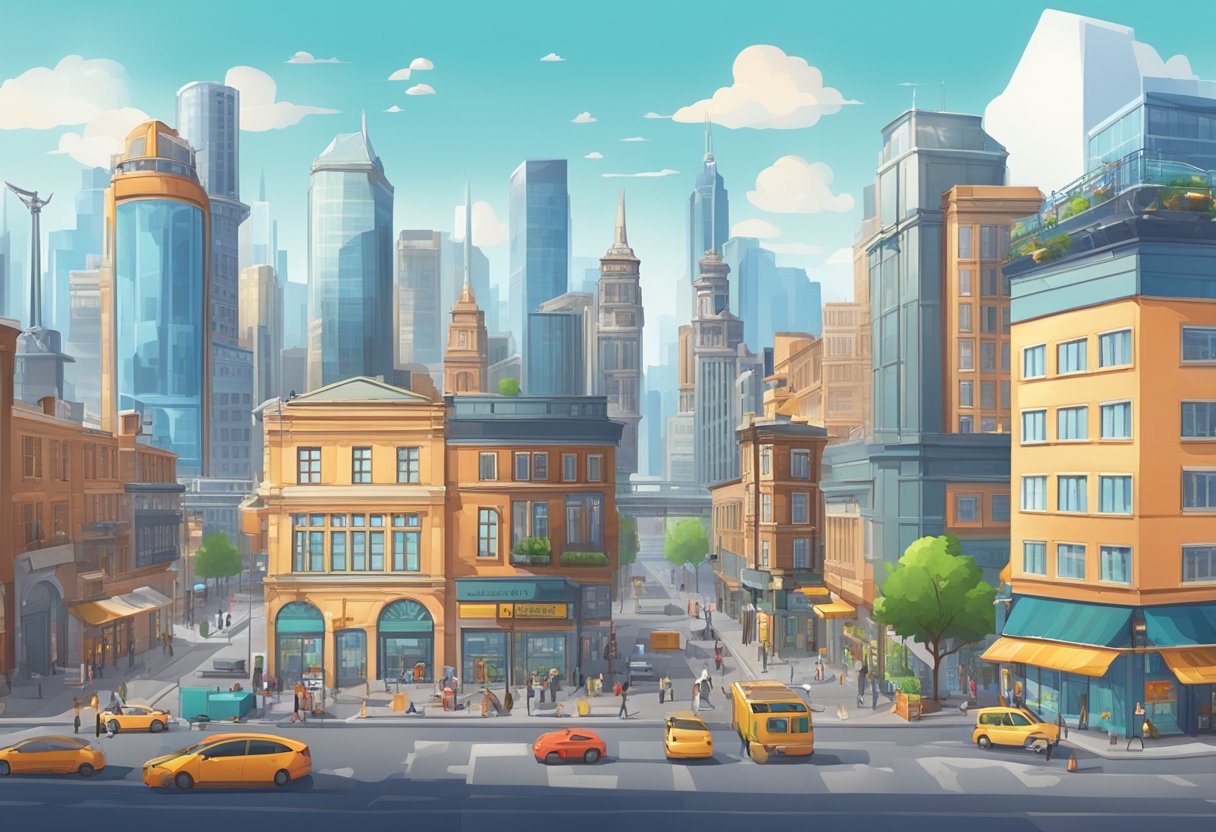 A bustling cityscape with various industries represented through animated buildings and machinery, showcasing the diverse use cases of the global animation market