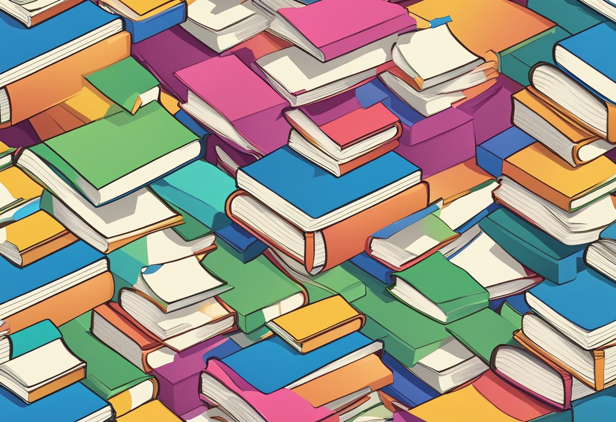 A stack of colorful books surrounded by floating question marks and statistical charts
