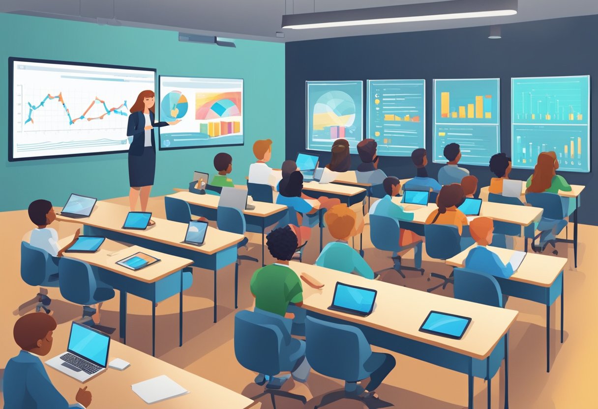 A classroom with digital devices displaying usage data, charts, and graphs. A teacher observes and analyzes the data while students engage in various learning activities