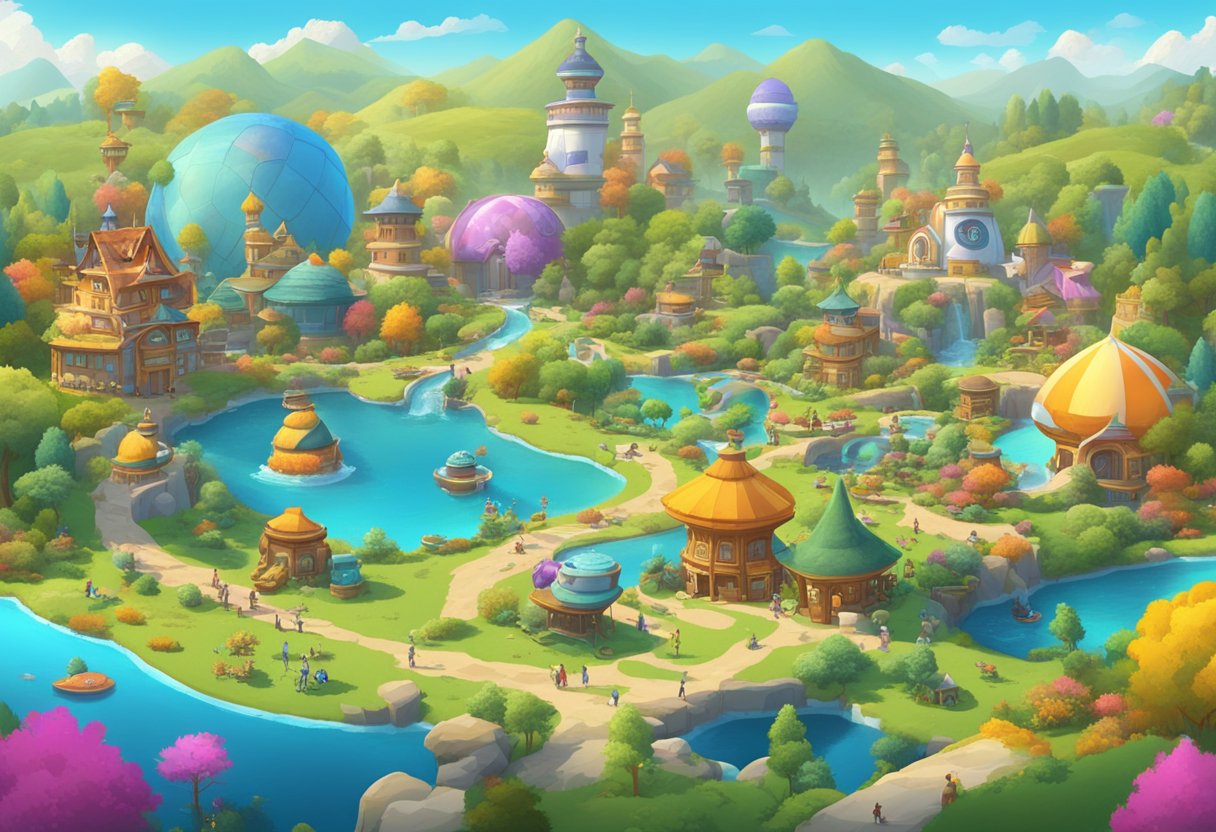 A vibrant, diverse landscape of animated characters and settings, with key players' logos and symbols scattered throughout