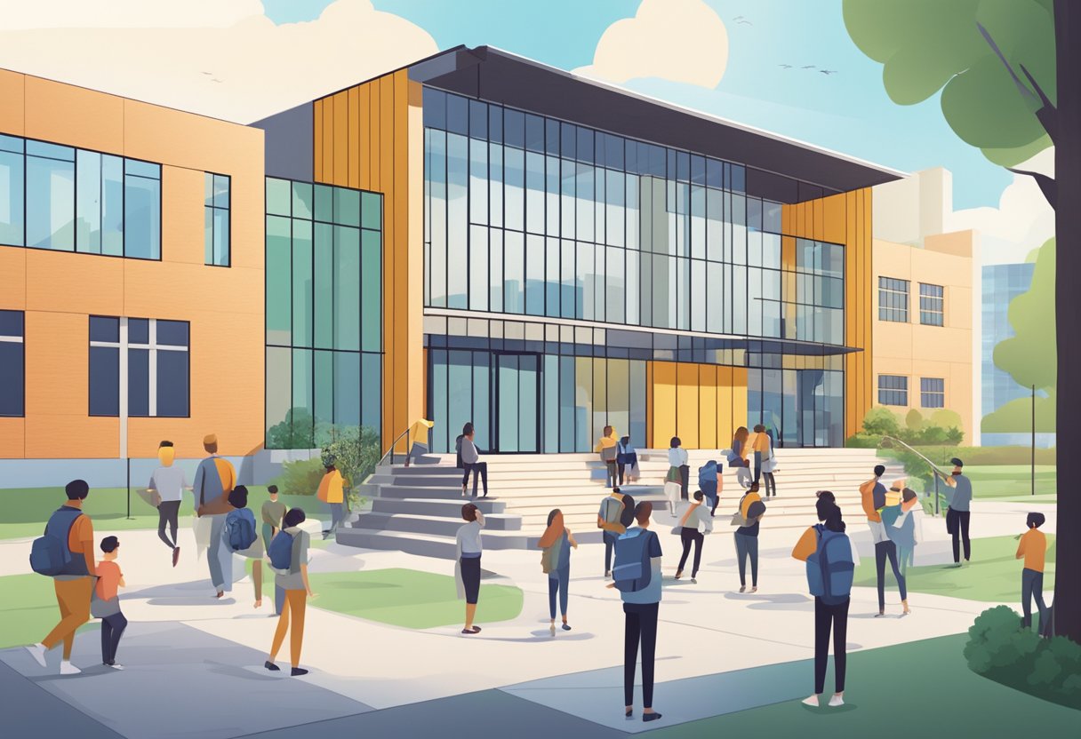 A school building surrounded by animated graphs and charts, with students interacting with the data, representing the integration of animation in architectural education