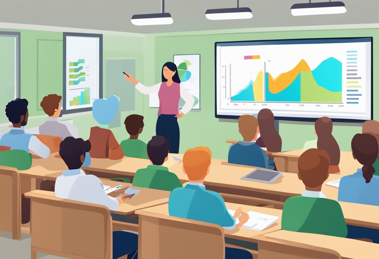 A classroom with students watching an animated presentation on a screen, while a teacher points to a chart with usage statistics
