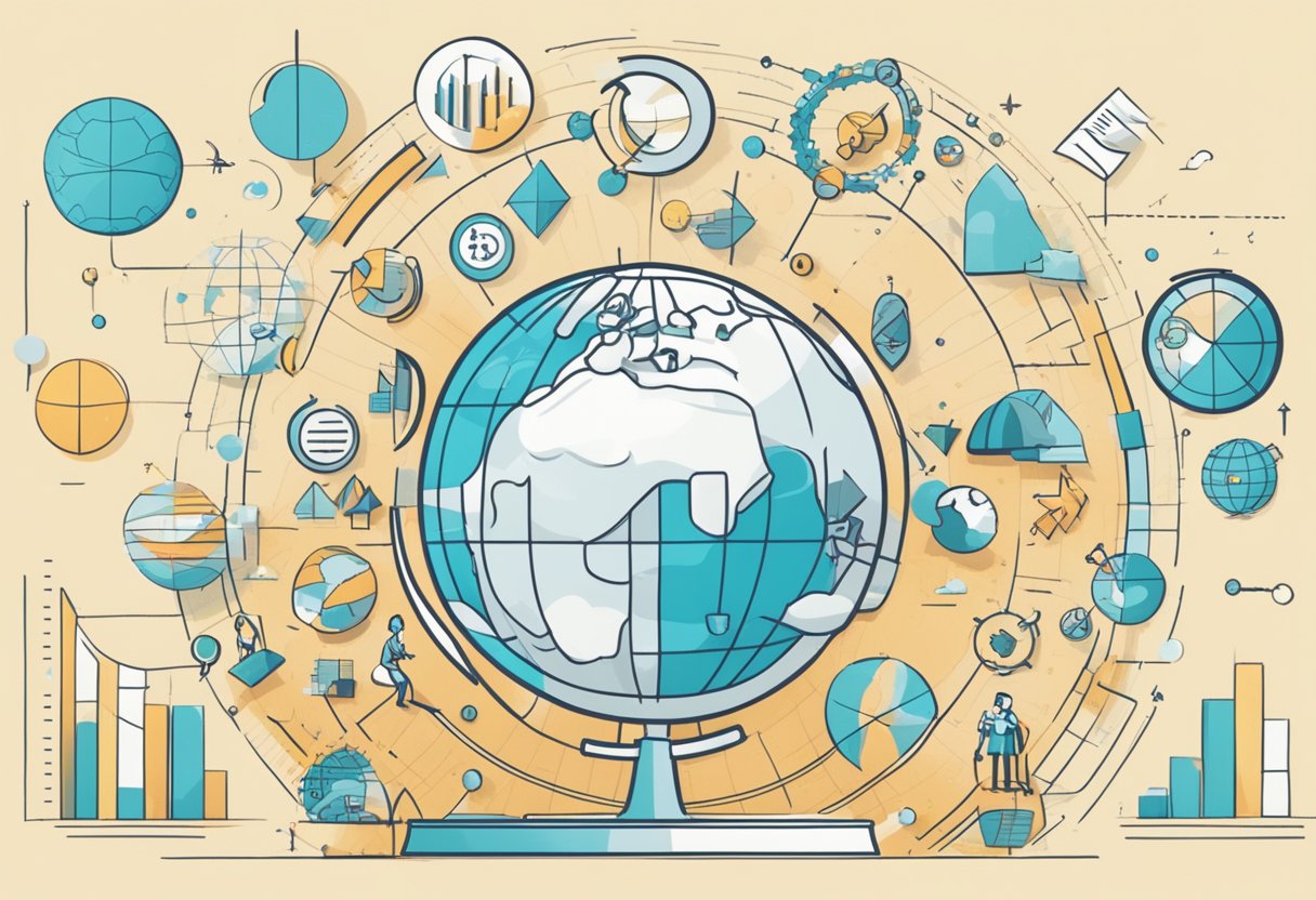 A globe surrounded by animated characters and symbols, with data charts and graphs in the background