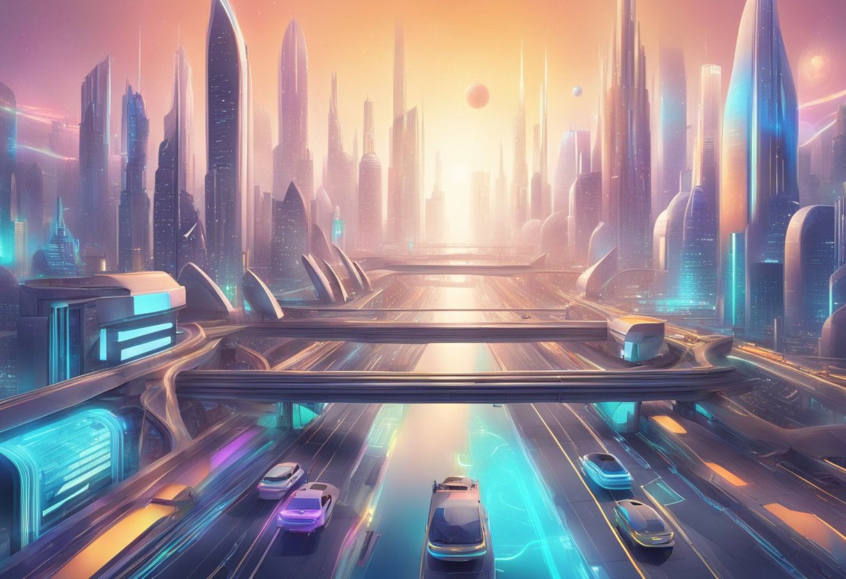 A futuristic city skyline with holographic projections and advanced transportation systems