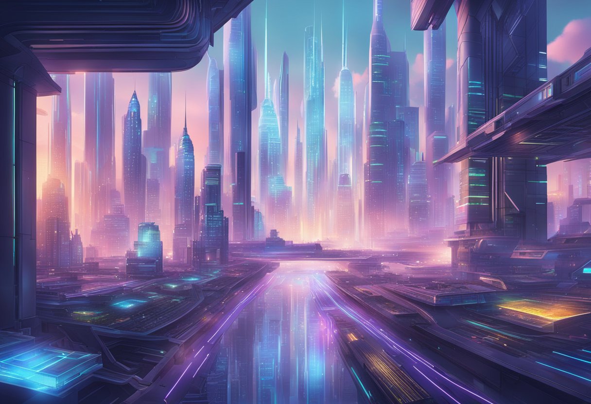 A futuristic cityscape with holographic projections and advanced technology