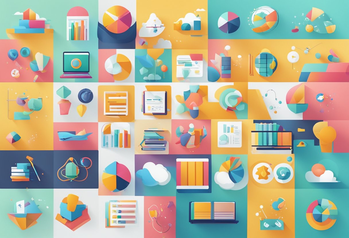 A colorful and dynamic animation featuring various educational concepts and principles, with visual cues and engaging graphics