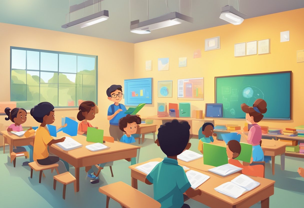 A classroom setting with animated characters interacting with educational materials and technology