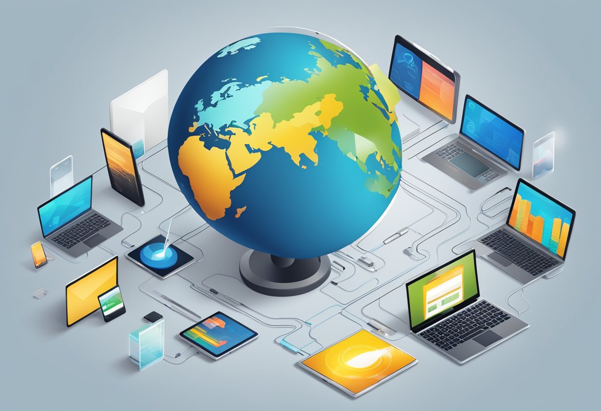 A globe surrounded by various electronic devices, such as laptops, tablets, and smartphones, with data and statistics flowing around them