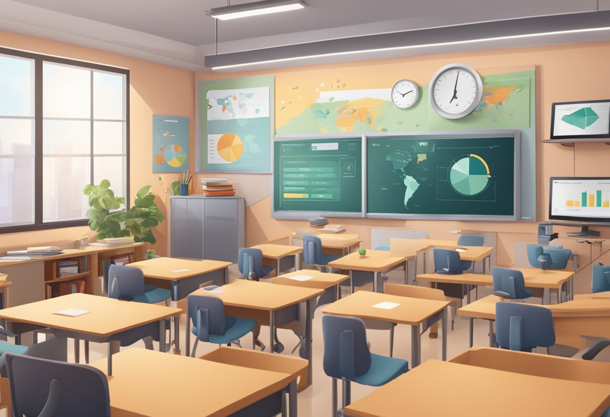A classroom setting with animated educational technology tools and statistical data displayed on screens