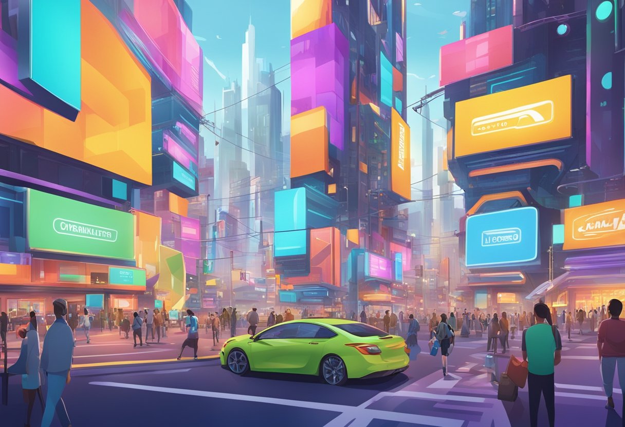 A vibrant, dynamic cityscape with colorful billboards and screens displaying animated characters and scenes, surrounded by bustling streets and futuristic architecture