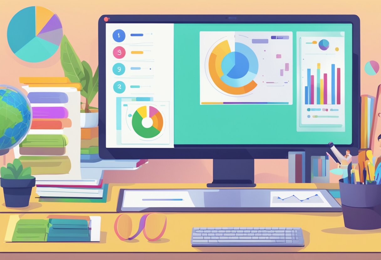 A computer screen shows a colorful animation of educational statistics being presented, with various interactive elements and visuals representing prior knowledge