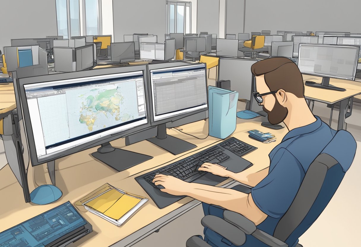 An animator creating corporate training animations, using a computer to design and animate characters and scenes