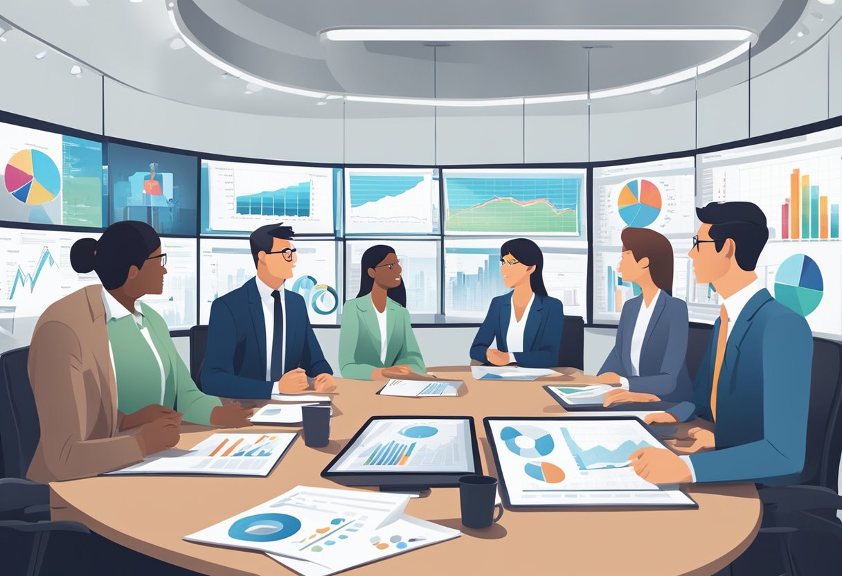 A group of professionals sit in a boardroom, watching a large screen displaying an animated training video. Charts and graphs are visible on the walls