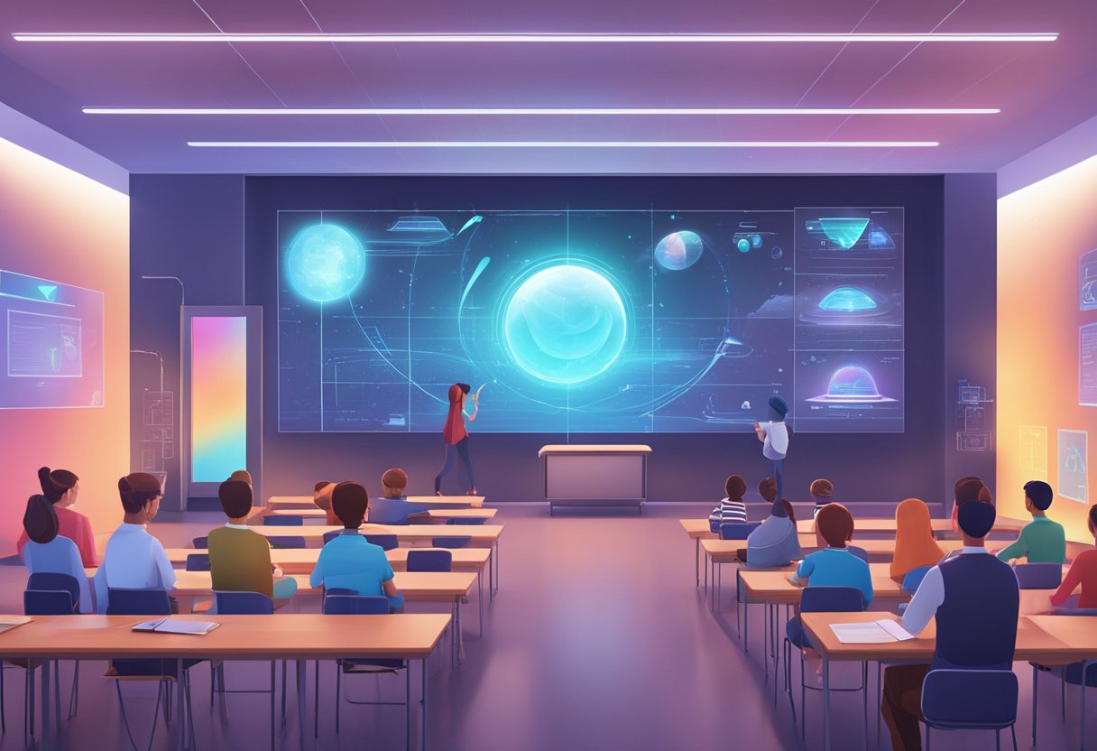 A futuristic classroom with interactive holographic displays and animated educational content projected on the walls