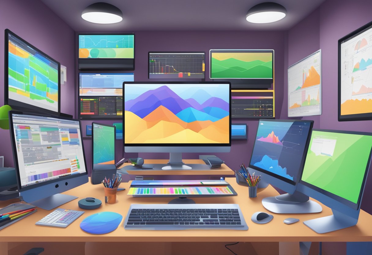 A colorful and dynamic animation studio filled with computers, tablets, and drawing tablets, with various educational technology and statistics displayed on the screens