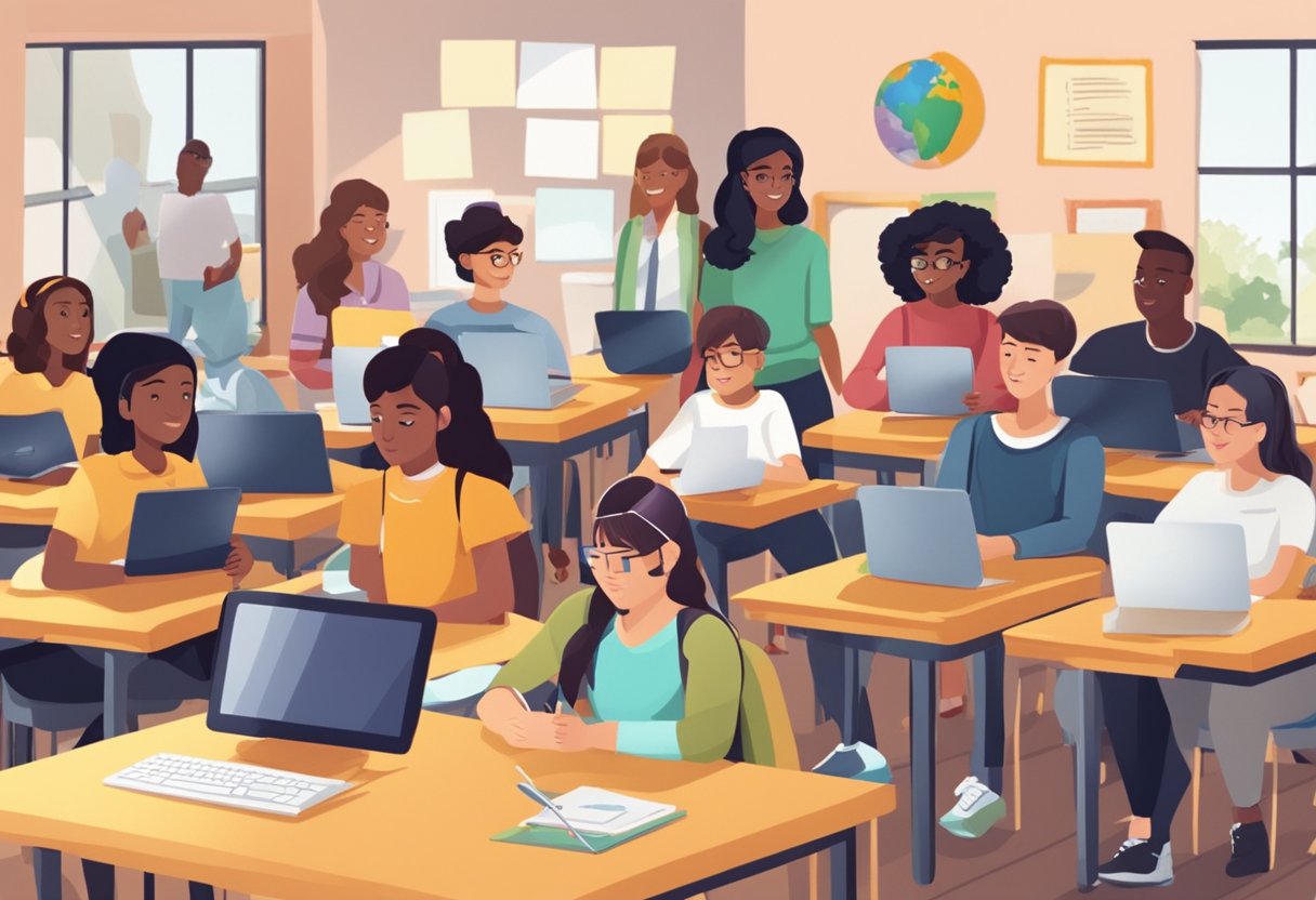 A diverse group of students in a classroom setting, each using different forms of educational technology and animated content on their devices