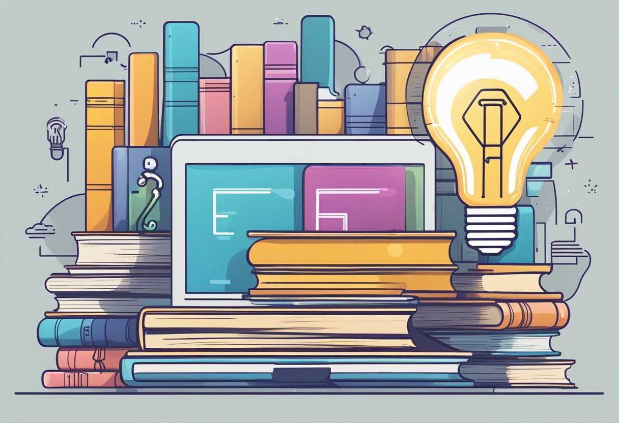 A stack of books with a laptop and tablet surrounded by floating icons of a lightbulb, question mark, and bar graph