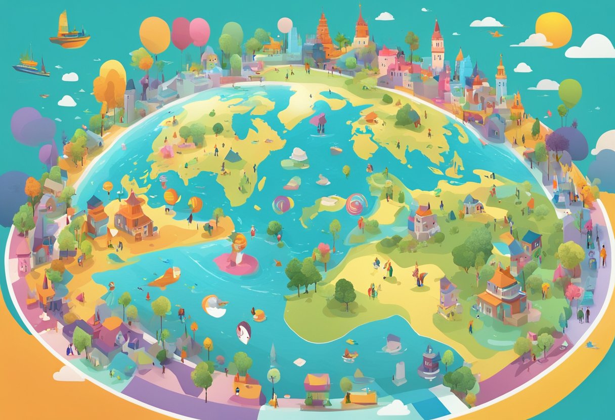 A vibrant and dynamic world map surrounded by colorful animated characters and symbols representing the global animation market
