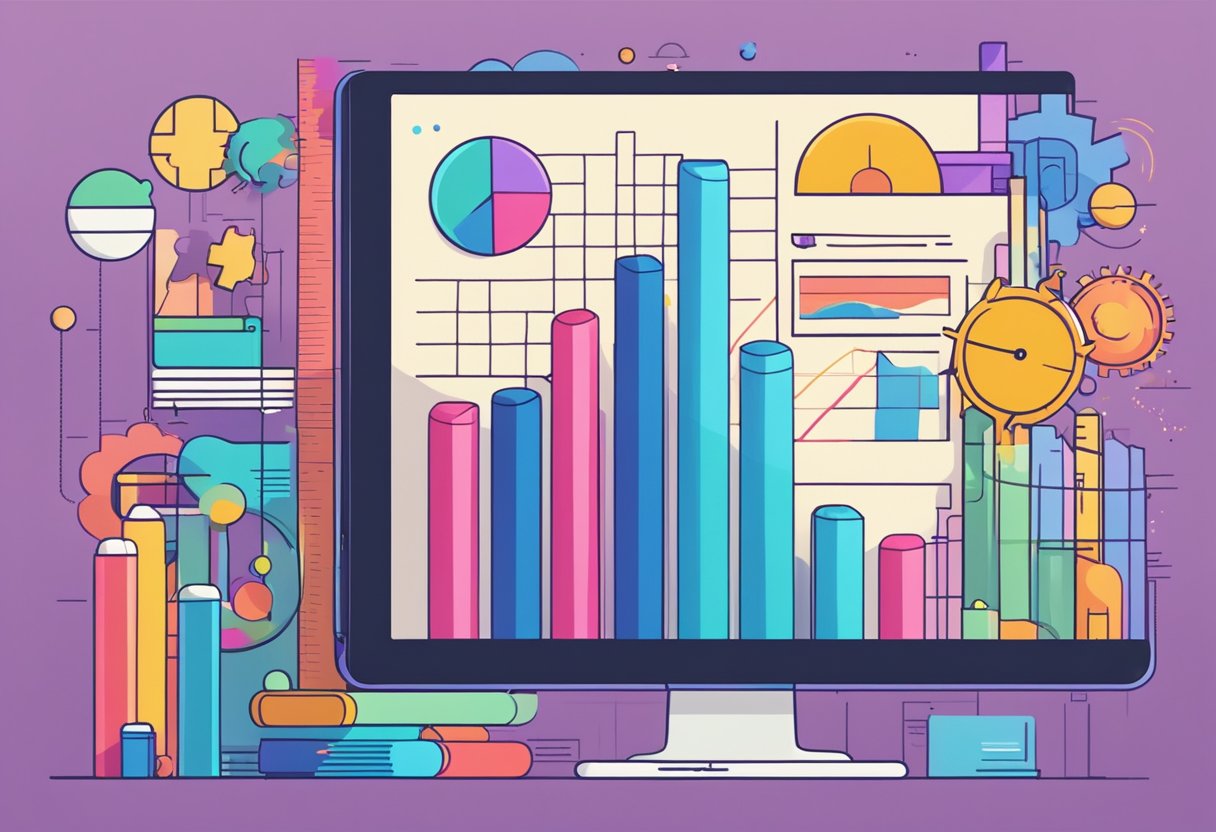 A colorful bar graph rising on a computer screen, surrounded by various animated characters and objects