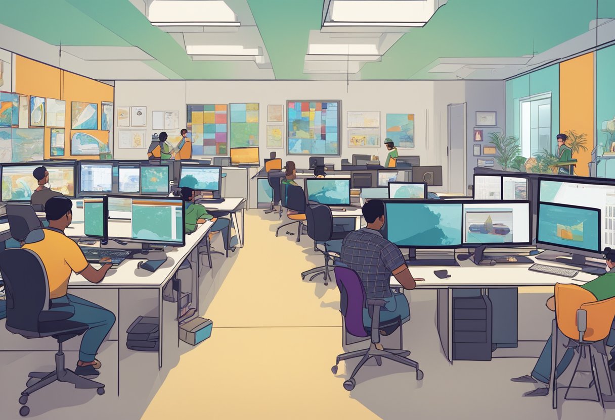 A bustling animation studio with employees working on computers, surrounded by colorful concept art and storyboards. A graph on the wall shows the industry's economic impact