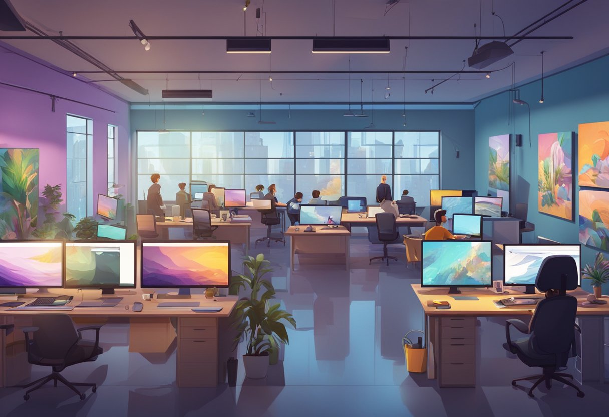 A bustling animation studio with artists at work, surrounded by modern technology and vibrant concept art