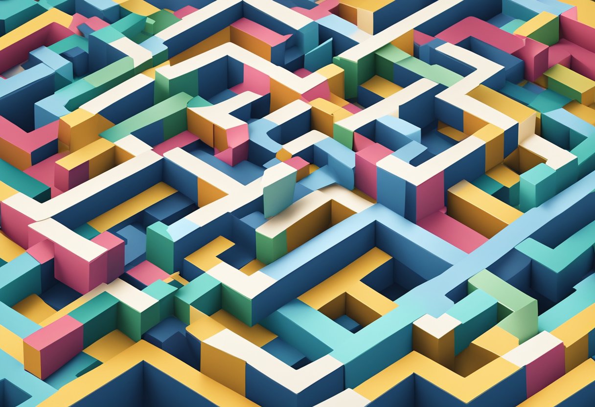 A maze of data with roadblocks and hurdles, surrounded by graphs and charts
